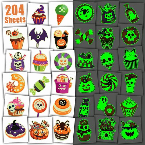 Leesgel 204 Pieces Halloween Tattoo Set for Halloween Non-Candy Treats, Glows Temporary Tattoos Special for Halloween Party Favors, Individually Wrapped Halloween Goodie Bag Stuffers for Kids