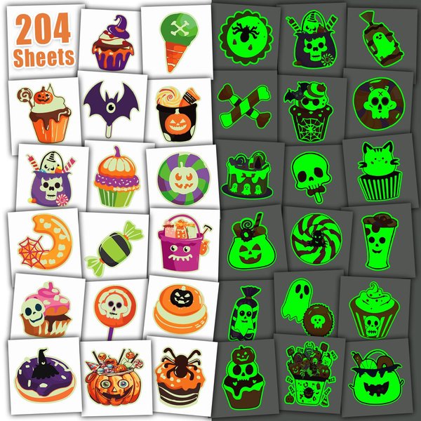 Leesgel 204 Pieces Halloween Tattoo Set for Halloween Non-Candy Treats, Glows Temporary Tattoos Special for Halloween Party Favors, Individually Wrapped Halloween Goodie Bag Stuffers for Kids
