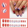 24 Pcs 4th of July Press on Nails Short Square Fake Nails Independence Day Acrylic Nails Glossy Glue on Nails Patriotic Red Blue White Swirl Designs Coffin Nails Tips Full Cover False Nails for Women