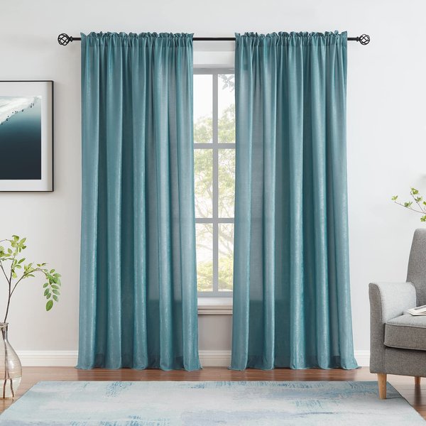 Melodieux Teal Velvety Semi Sheer Curtains 96 Inch Length for Bedroom, Living Room Natural Cotton Texture Rod Pocket Window Sheer Drapes, 52 by 96 Inch (2 Panels)