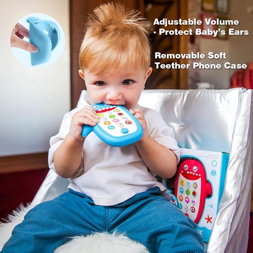 Baby Shark Cell Phone Toy Removable Teether Case, Light, Music & Adjustable Volume Kids Play & Learn Fake Phone Infant Toddler, Preschool Holiday Birthday Present for Girl Boy 0-6, 6-18 Months (Blue)