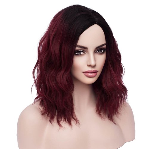 MAGQOO Burgundy Wig Wine Red Wig Side Part Dark Roots Burgundy Wig for Women Short Curly Wavy Dark Red Wigs Ombre Burgundy Synthetic Heat Resistant Wigs