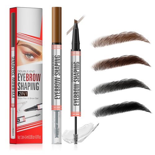 Microblading Eyebrow Pen, Eyebrow Pencil with 4-Fork Tip & Shaping Brow Gel, Waterproof 2-in-1 Dual-Ended Eye Brow Pencils for Women & Brow Glue Makeup Kit for Natural-Looking Brows Makeup,Light Brown