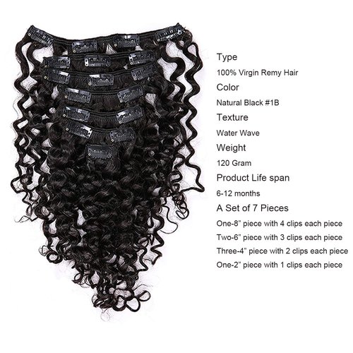 Anrosa Water Wave Clip in Hair Extensions Human Curly Hair Natural Black 1B Double Weft Water Wave Curly Clip ins Extensions for Black Women Clip on Wave Hair Extension 16 Inch 120 Gram
