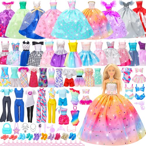 Style Shine 52 Pcs Doll Clothes and Accessories,2 Wedding Gowns 6 Fashion Dresses 2 Set Casual Outfits Top and Pant 2 Swimsuit,20 Hanger 10 Shoe 10 Accessories Toys for Girls Kids Birthday Gift