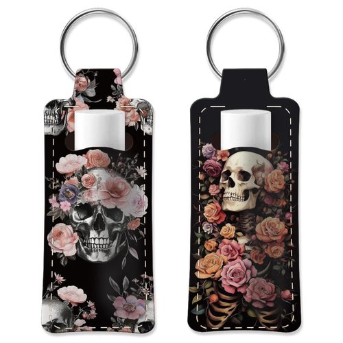 OLYCRAFT 2pcs Lipstick Holder Keychain Skull Flower Lip Balm Holders Lipstick Keychains Portable Lipstick Holder Bags Lipstick Sleeve Travel Key Ring Holder for Lipstick Chapstick