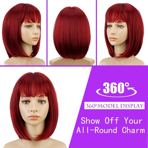 PHOENIXFLY Short Red Bob Wig With Bangs -12 Inch Natural Fashion Bob Wigs for Women, Cute Colored Synthetic Wig for Daily Party Halloween (Red,BUG)