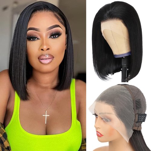 Eawwii Bob Wig Human Hair 13X4 Lace Front Wigs Short Bob Wigs for Women Glueless with Baby Hair 180% Density Straight Natural Black 10 Inch