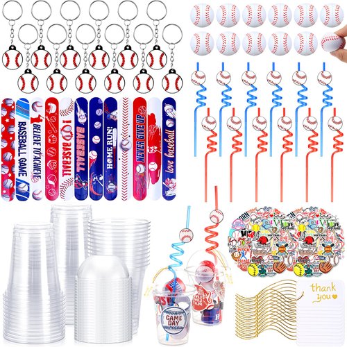 Sliner 122 Pcs Baseball Party Favors with Mini Baseball Cute Baseball Straws Baseball Keychain Bulk Slap Bracelets Stickers Clear Cups with Dome Lids Thank You Tag for Sport Team Birthday Party Supply