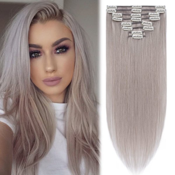 MY-LADY Clip in Hair Extensions Real Human Hair Gray 12 Inch 55g Remy Hair Grey 8pcs Weft Balayage Full Head Silky Natural Straight for Women