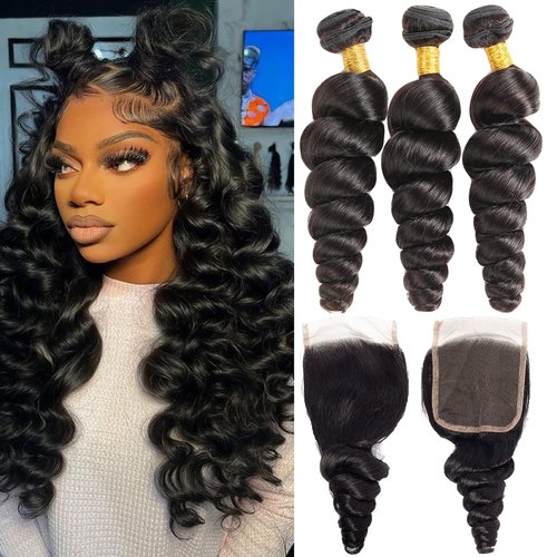 Loose Wave Bundles With 4X4 Lace Closure Free Part Loose Wave Human Hair Bundles Loose Deep Wave Hair Bundles with Closure 12A 100% Unprocessed Brazilian Virgin Hair Extensions 10 12 14+10 Inch