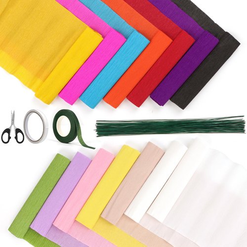 14 Colors Crepe Paper Rolls, 9.8 x 98 Inch Wide Crepe Paper Sheets with 100 Pcs Green Floral Iron Wire, Floral Band, Double-Sided Tape, and Scissors for Birthday Parties Weddings Festival Decoration