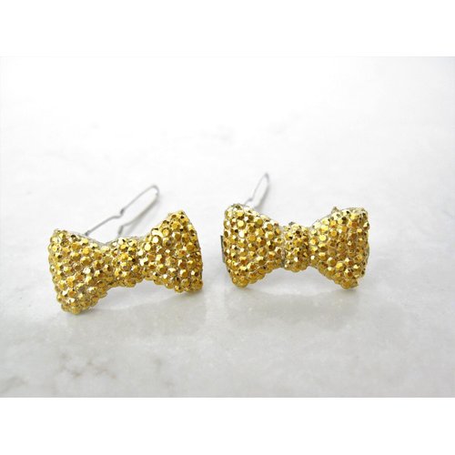Generic Two small tiny sparkle gold bow crystal hair pin clip barrettes fine hair