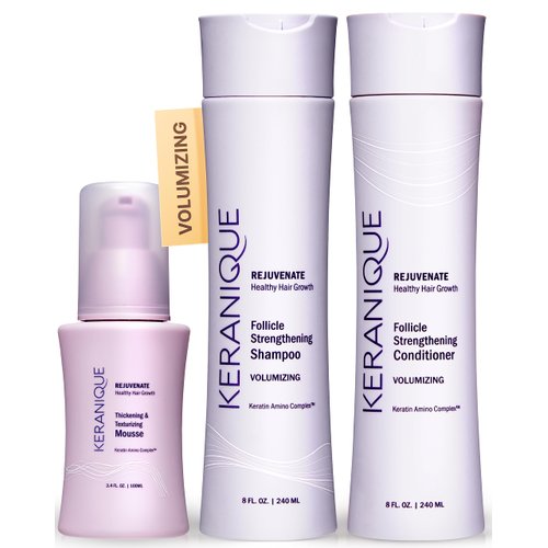 Keranique Volumizing Shampoo and Conditioner Set with Thickening Mousse - Keratin Enriched Volume Kit for Thinning, Fine, Damaged, Dry Hair - Color Safe, Sulfate Free, No Alcohol Formula for Women