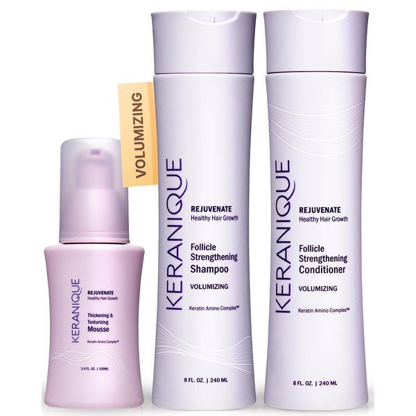 Keranique Volumizing Shampoo and Conditioner Set with Thickening Mousse - Keratin Enriched Volume Kit for Thinning, Fine, Damaged, Dry Hair - Color Safe, Sulfate Free, No Alcohol Formula for Women