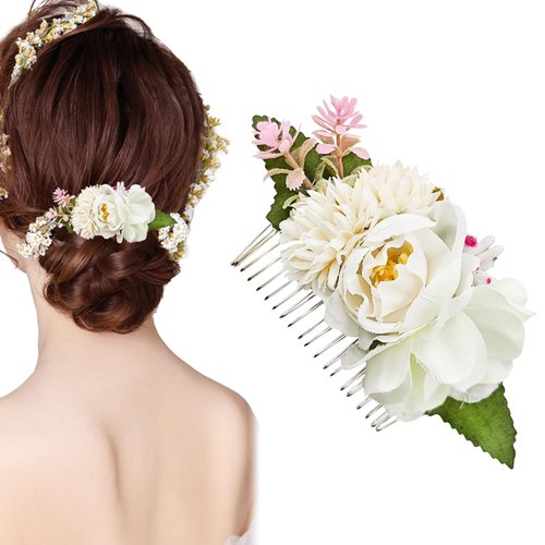 Wedding Boho White Rose Flower Hair Comb, Flower Bridal Hair Vine Pieces with Comb Boho Wedding Bridal Hair Accessory for Women and Girls