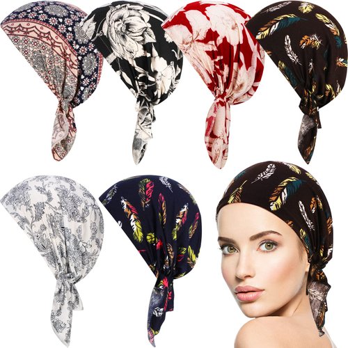 Geyoga 6 Pcs Women Head Scarf Pre-Tied Beanies Covers Cap Stretch Print Sleep Turban Hat Ruffle Scarves (Floral)