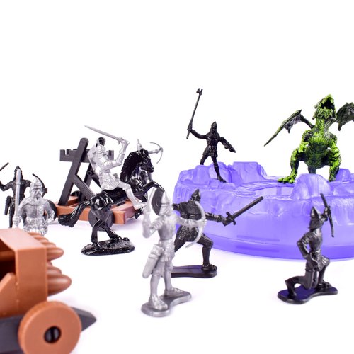 Sunny Days Entertainment Knights and Dragons Figures in Bucket – 42 Assorted Soldiers and Accessories Toy Play Set for Kids | Plastic Fantasy Figurines with Storage Container