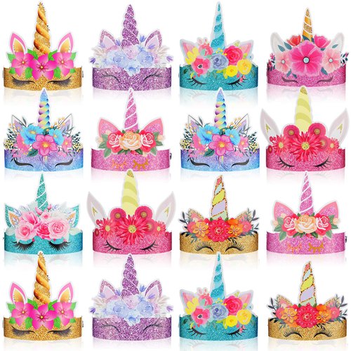 36 Pack Glitter Unicorn Birthday Party Hats with Colorful Horns and Flowers - Paper Crown Headbands for Girls' Unicorn Theme Decorations, 9 Styles