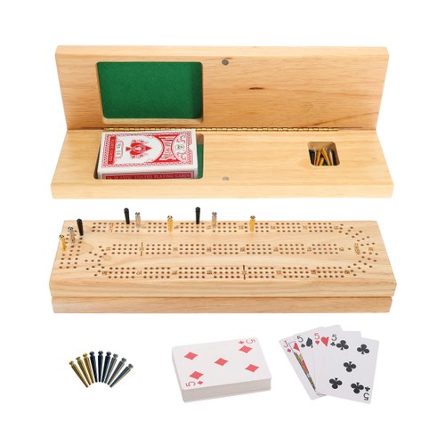 WE Games Wooden Cribbage Board Game Set, Continuous 3 Track for 2-3 Players, Travel Cribbage Board with Card Storage, Includes 9 Metal Pegs & Deck of Cards, Card Games, Classic Board Games for Adults