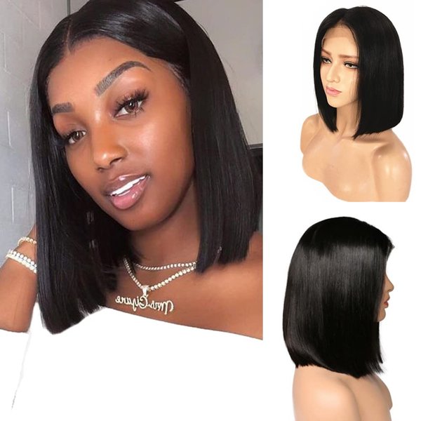 Bob Wigs Black 10" Lace Front Human Hair Glueless Lace 13x4 Brazilian Virgin Hair Bob Wig Bleach Knots Middle Part Pre Plucked Hairline with Baby Hair for Black Women 180% Density Full Head Wig