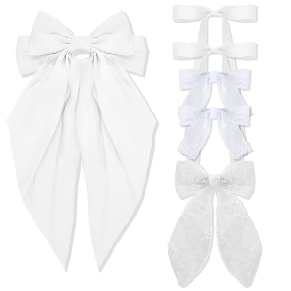 6PCS White Hair Bows for Women, Coquette Bows Hair Clips Hair Ribbons Long Tail Lace Bows Cute Aesthetic Wedding Hair Accessories for Women Girls Gifts