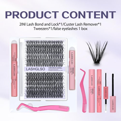 Lash Extension Kit DIY Lash Clusters Eyelash Extension Kit 9-16mm Individual 280pcs Lashes Kit with Lash Bond and Seal Lash Tweezers for Self Use (30D&40D, 0.07D, 9-16mm, Kit) (purple)