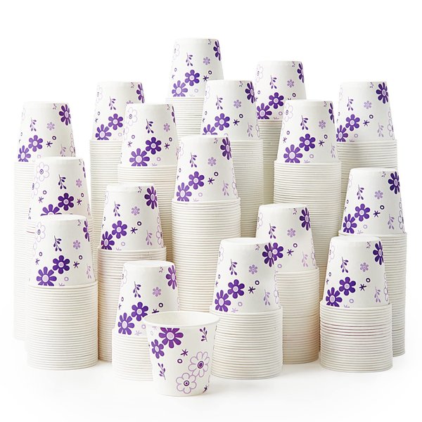 [600 Pack] 3oz Disposable Bathroom Cups, Paper Cups, Mouthwash Cups, Cold Disposable Drinking Cup for Party, Picnic, BBQ, Travel, and Event, Purple Floral