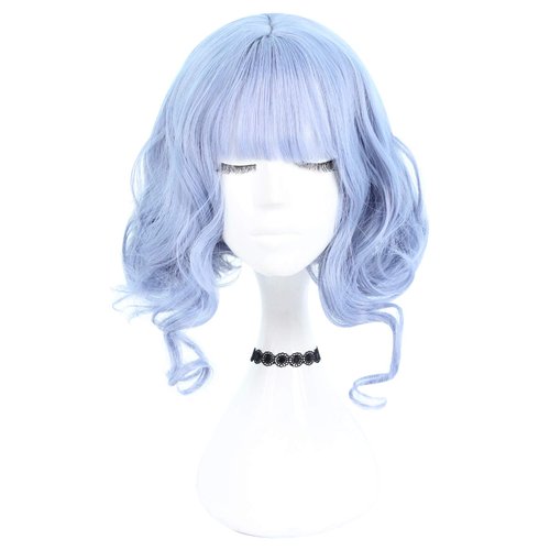 Filuckyve 11" Short Curly Wavy Bob Wigs with Buns Air Bangs Cosplay Harajuku Synthetic Women Cute Hair Daily Halloween Party (Blue)