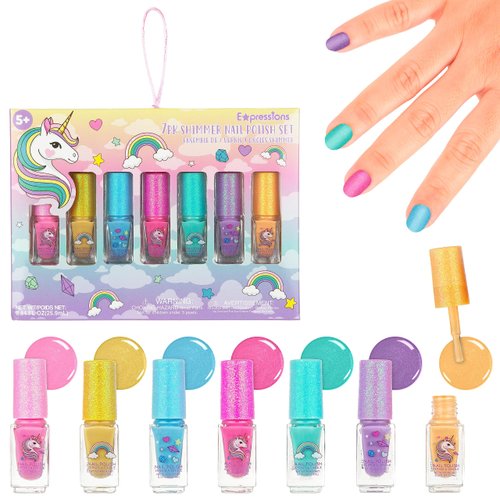 Expressions 7pc Unicorn Shimmer Nail Polish Set for Girls - Glitter Cap Shimmering Manicure Set, ...