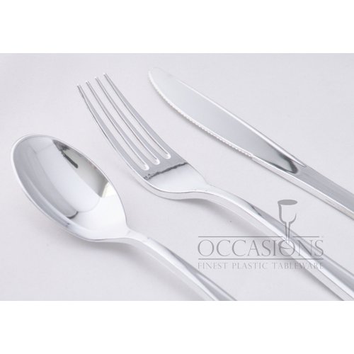 " OCCASIONS " Wedding Party 9'', 7.5'', 6'' disposable plastic plates and silverware combo (60, Bone w/gold rim)