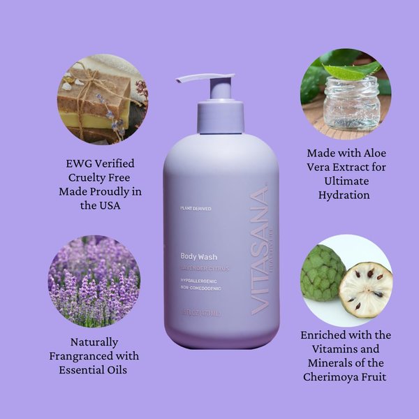 Vitasana Body Wash, EWG Verified, Plant Derived, Hypoallergenic, Paraben-Free, Sulfate-Free, Petroleum-Free, Cruelty-Free, Lavender/Citrus Scent, 16oz