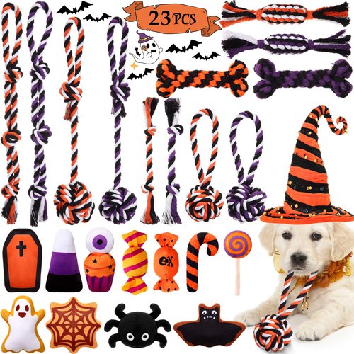 Glimin 23 Pcs Halloween Dog Squeaky Toys and Dog Rope Chew Toy Set Spider Plush Stuffed Ghost Squeaky Rope Chew Toys for Puppy Interactive Dog Toys Teething Toy for Small Dogs Training Teeth Cleaning