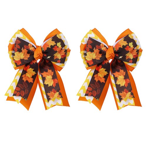 Halloween Thanksgiving Bow Hair Clips with Tails, Maple Leaves Print Hair Bows, Fall Holiday Hair...