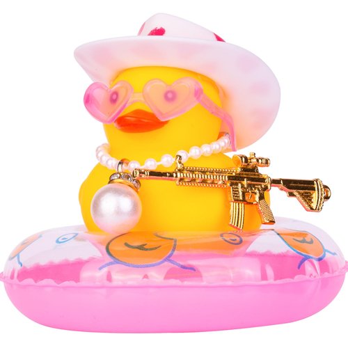 MuMyer Car Rubber Duck Decoration Yellow Duck Car Dashboard Ornament Accessories with Mini Hat Swim Ring Necklace and Colorful Sunglasses (L Necklace-Pink Dot)