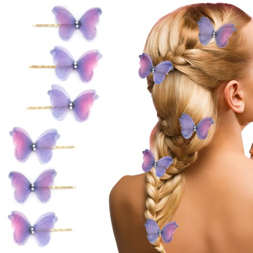 Bobby Pins Butterfly Hair Clips 6 PCS Pearl and Double layer Butterfly Hairpin Hair Accessories for Women - Purple