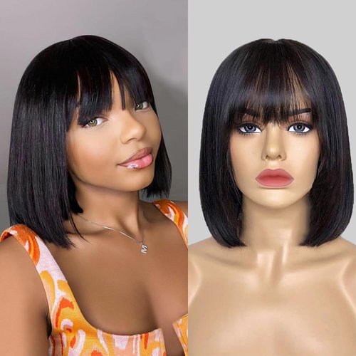 Jiumido Bob Wig With Bangs Human Hair 180% Density Glueless Short Bob Wigs For Women Upgraded Machine Made Middle Part 3x1 Lace Wig (14inch, Bob With Bangs)