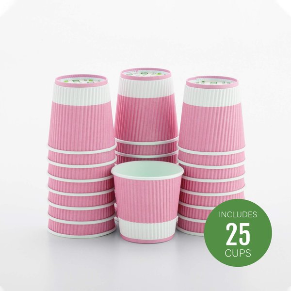 Restaurantware 4 Ounce Paper Coffee Cups 25 Ripple Wall Disposable Paper Cups - Leakproof Recyclable Light Pink Paper Hot Cups Insulated Matching Lids Sold Separately
