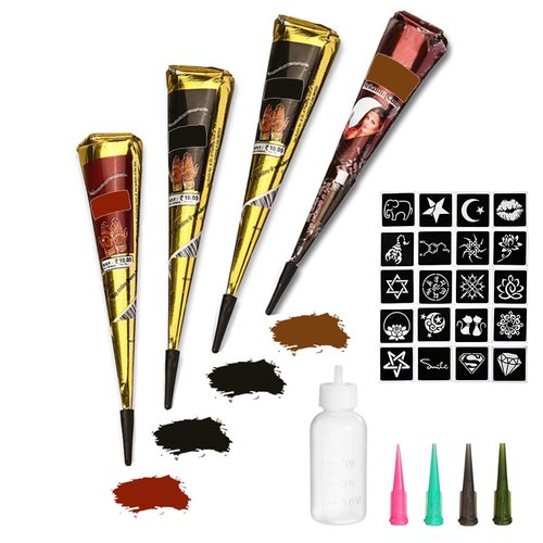 Temporary Tattoos Kit, 4Pcs Semi Permanent Tattoo Paste Cones, India Body DIY Art Painting for Women Men Kids, Summer Trend Freehand Plaste with 3 Colors,20Pcs Adhesive Stencil,1Pc Bottle,4Pcs Nozzles