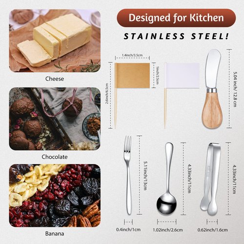 14 Pieces Cheese Butter Spreader Set Charcuterie Accessories Stainless Steel Knives with Wooden Handles Charcuterie Boards Utensils Mini Serving Tongs Spoons and Forks(Yellow)