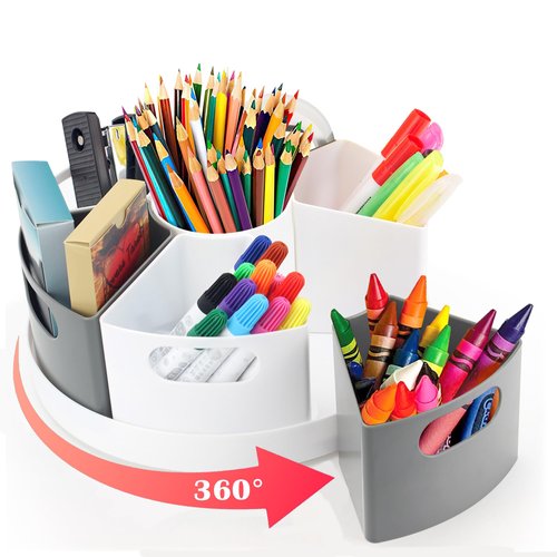 ZERUIDM Rotating Art Supply Organizer Storage Caddy for Kids, 7 Bins Craft Crayon Marker Organizer for School Desk, Lazy Susan Pencil Holder for Classroom Organization, Homeschool Supplies