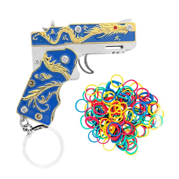 Mini Golden Dragon Rubber Band toy gun Metal folding keychain Rubber band gun toy Novel and funny Creative Outdoor party gift (Blue Golden Dragon)