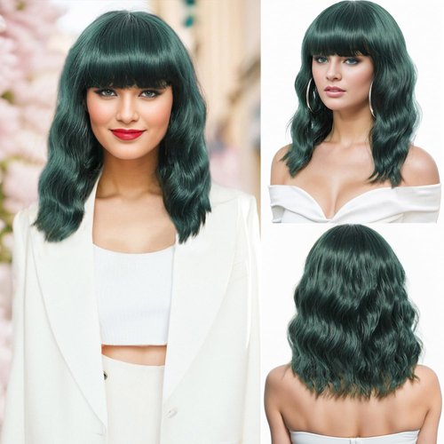 Bellamila Shoulder Length Short Dark Green Wavy Wig with Air Bangs for Women Synthetic Chic Green Curly Bob Wigs for Party Cosplay and Fun