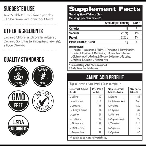 Plant Aminos Organic Essential Amino Acids (EAAs) & BCAA - 100% Plant-Based Raw, Vegan - All 9 Amino Acids with 18 Total Amino Acids (360 Tablets)
