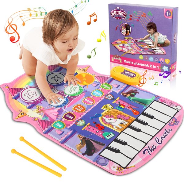 2 in 1 Piano Drum Babies Play Mat, Piano Keyboard & Drum Animal Touch Unicorn Knight Dinosaur Toys, Early Educational Musical Learning Toddler Toys Age 1-2-3 Boys Girls Birthday Gifts (Girl)