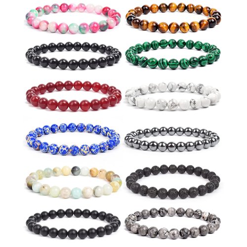 BOMAIL 12Pcs Natural Semi-Precious Gemstones Bracelets -8mm Round Beaded Bracelets for Men Women Reiki Healing Crystals Beads Stretch Bracelet