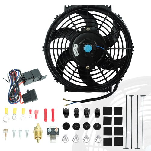 10" Universal Slim Fan Push Pull Electric Radiator 12V 80W High Performance Cooling Fan with Thermostat Wiring Switch Relay Mount Kit Black