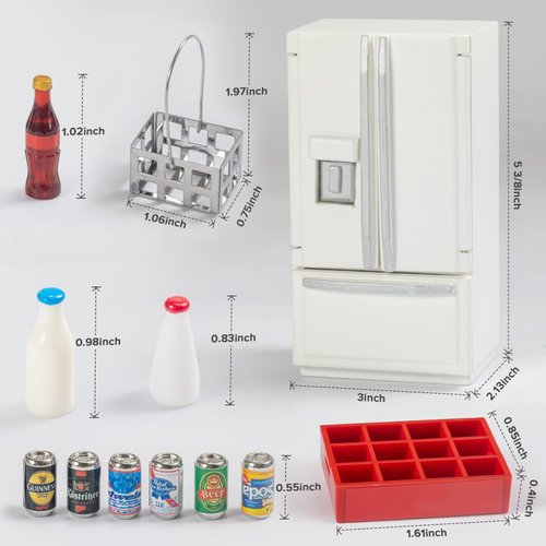 SAMCAMI Dollhouse Furniture Toy Refrigerator - Doll House Furniture Toys for Dollhouse Kitchen - Miniature Dollhouse Furniture 1 12 Scale Incl Toy Fridge, Beer and Other Dollhouse Accessories (White)