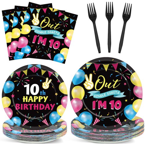 96pcs 10th Birthday Party Plates and Napkins, Colorful Out Single Digits I'm 10 Birthday Decorations for Girls Boy Double Digits 10 Party Dessert Plates, Happy 10 Years Old Tableware Decor, Serves 24