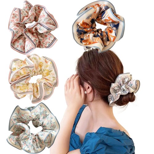 4 PACK Oversize Hair Scrunchies, Hair Elastics Bands Floral Hair Scrunchie, Elastic Rubber Bands Chiffon Hair Scrunchies for Thick Curly Hair Flower Hair Ties Hair for Women Girls